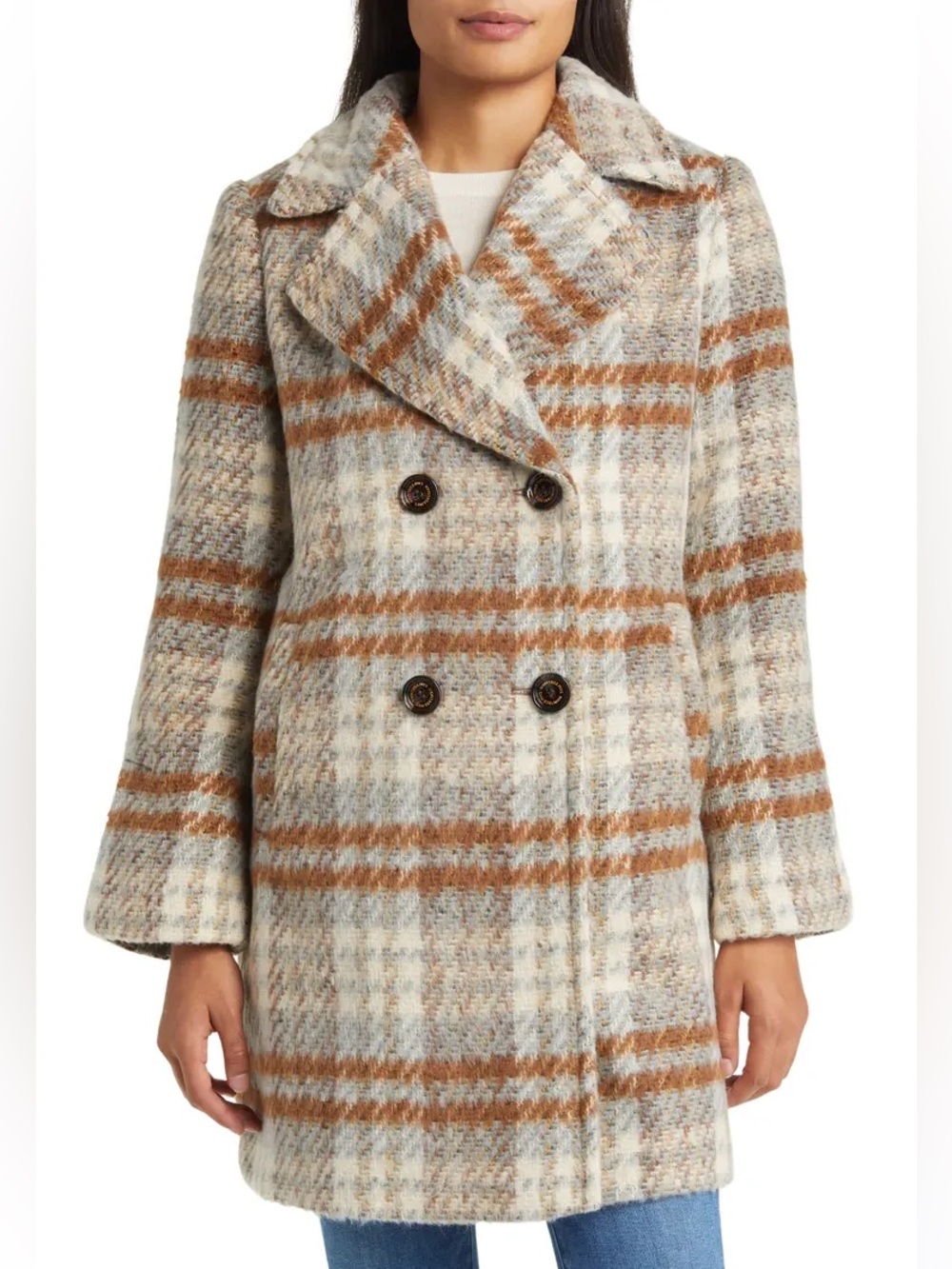 Sam Edelman Blue Plaid Double-Breasted Coat | Size Medium | Cozy Winter Classic